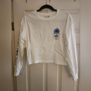 White Long Sleeve Tee with Blue Graphic